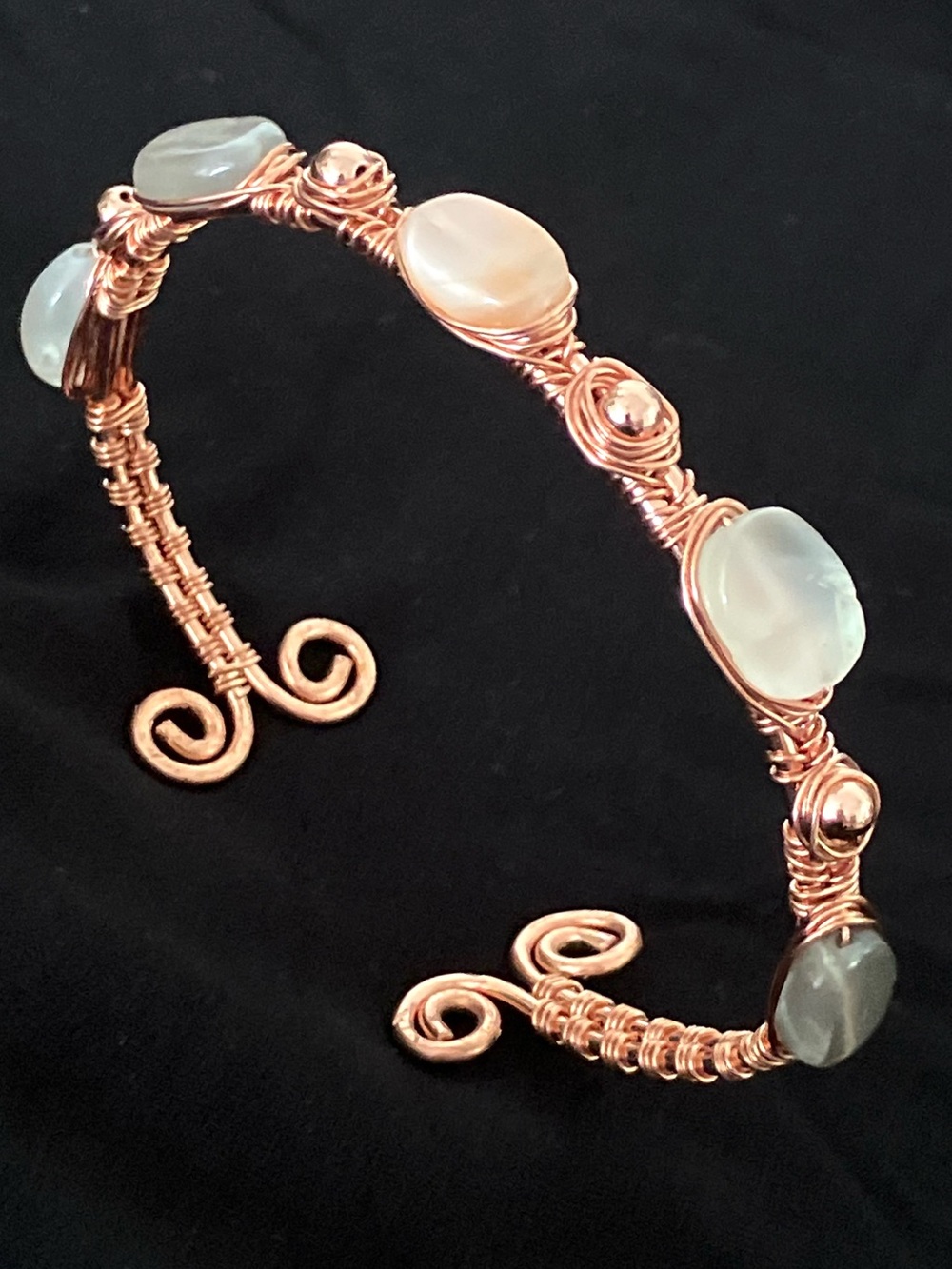 Handmade Moonstone copper cuff bracelet, adjustable artisan wire wrapped bangle